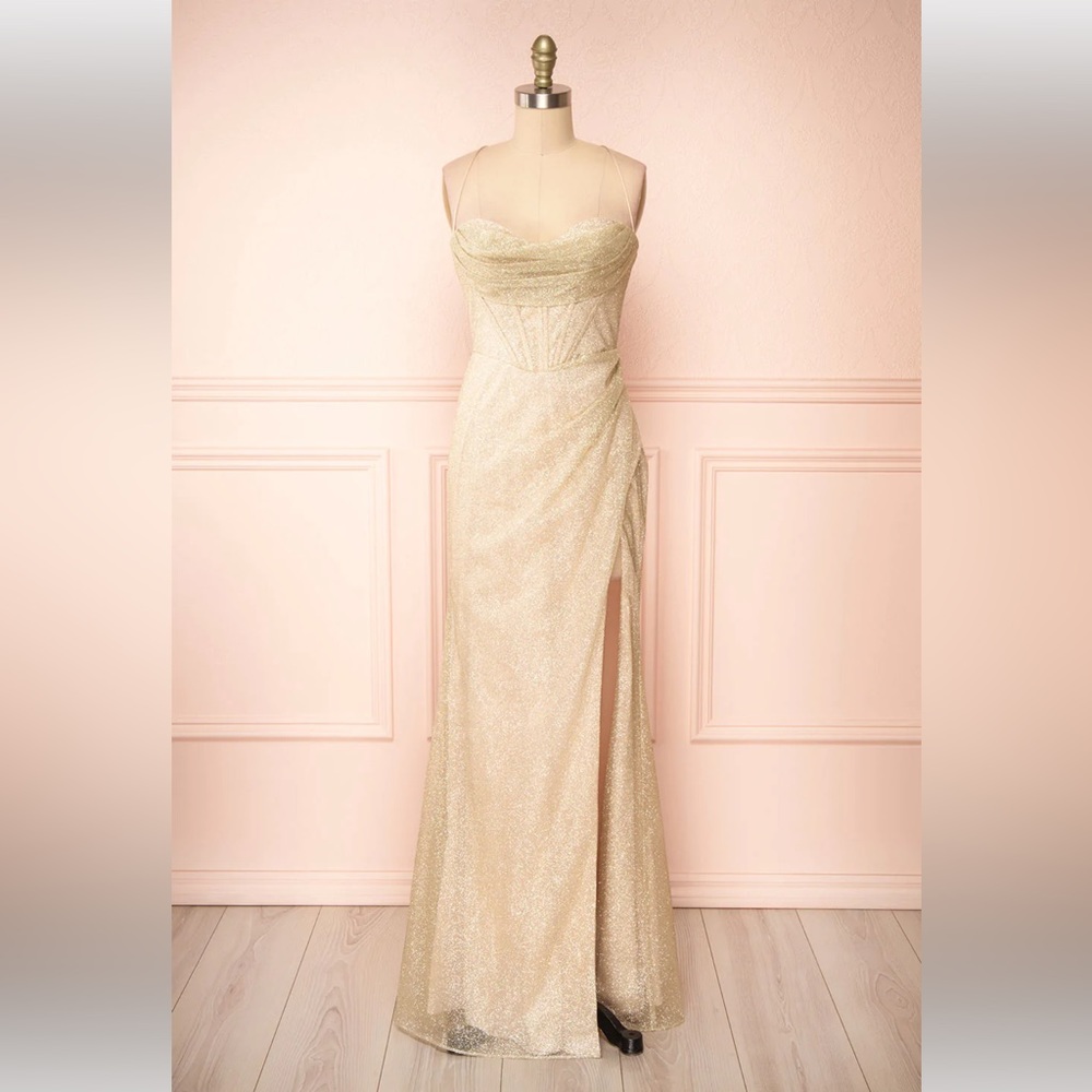Cinderella Divine Champagne Sparkly Corset Dress with High Leg Slit